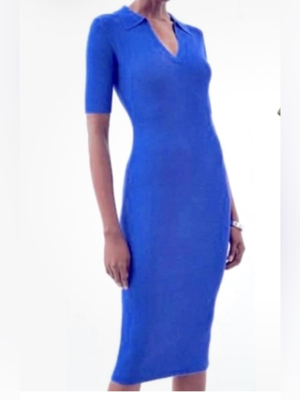 Caroline Constas L blue ribbed V neck stretch short sleeve quiet luxury dress